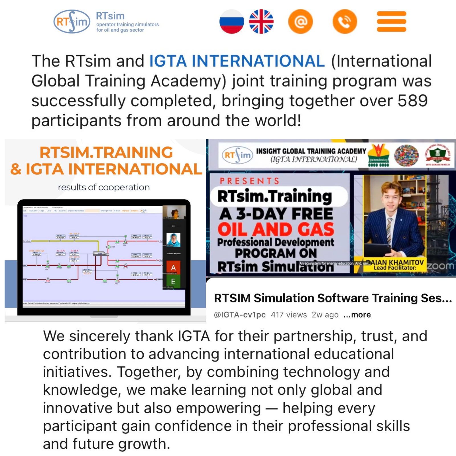 RTsim.Training Appreciates IGTA INTERNATIONAL for her Global Education programs and Her New Horizons for Development image